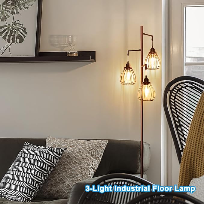 Lakumu Floor Lamp for Living Room, Brown Floor Standing Lamp with 3 Elegant Teardrop Cage Heads & ST58 4W 2700K Edison LED Bulbs, Sturdy Base Tall Vintage Pole Light, Rustic Floor Lamp for Bedroom - LeafyLoom
