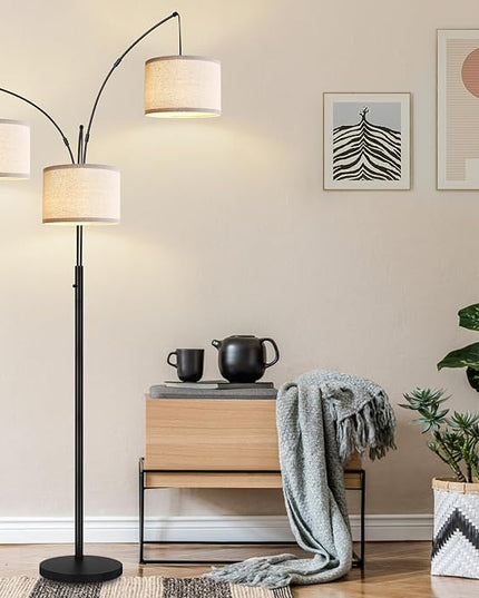 Dimmable Floor Lamp - 3 Lights Arc Floor Lamps for Living Room, 1000LM Modern Tall Standing Lamp with White Shades & Heavy Base, Mid Century Tree Floor Lamp for Bedroom Office, 3 LED Bulbs Included - LeafyLoom