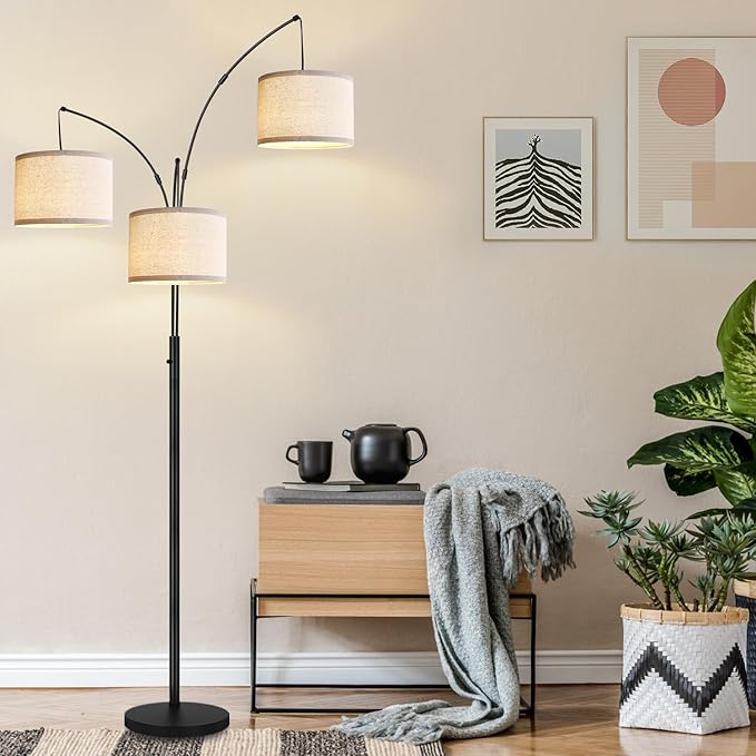 Dimmable Floor Lamp - 3 Lights Arc Floor Lamps for Living Room, 1000LM Modern Tall Standing Lamp with White Shades & Heavy Base, Mid Century Tree Floor Lamp for Bedroom Office, 3 LED Bulbs Included - LeafyLoom