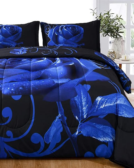 WONGS BEDDING Blue Comforter Set Queen Reversible Blue Rose Pattern Printed Bedding Comforter Set with 2 Pillowcases for All Seasons, Soft Microfiber Filling Bedding Set 90"x90" - LeafyLoom