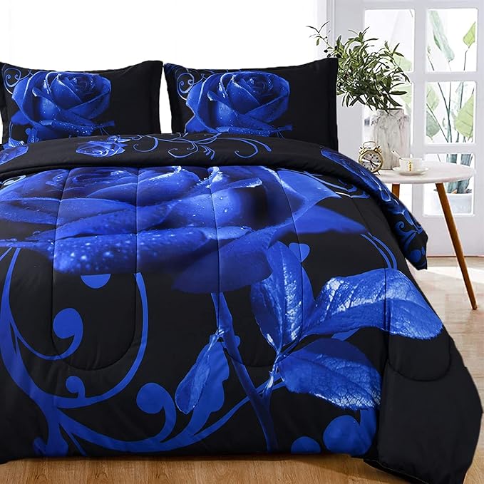 WONGS BEDDING Blue Comforter Set Queen Reversible Blue Rose Pattern Printed Bedding Comforter Set with 2 Pillowcases for All Seasons, Soft Microfiber Filling Bedding Set 90"x90" - LeafyLoom