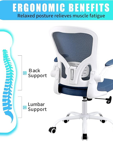 Ergonomic Office Desk Chair Breathable Mesh Swivel Computer Chair, Lumbar Back Support Task Chair, Office Chairs with Wheels and Flip-up Arms, Adjustable Height(White & Blue) - LeafyLoom