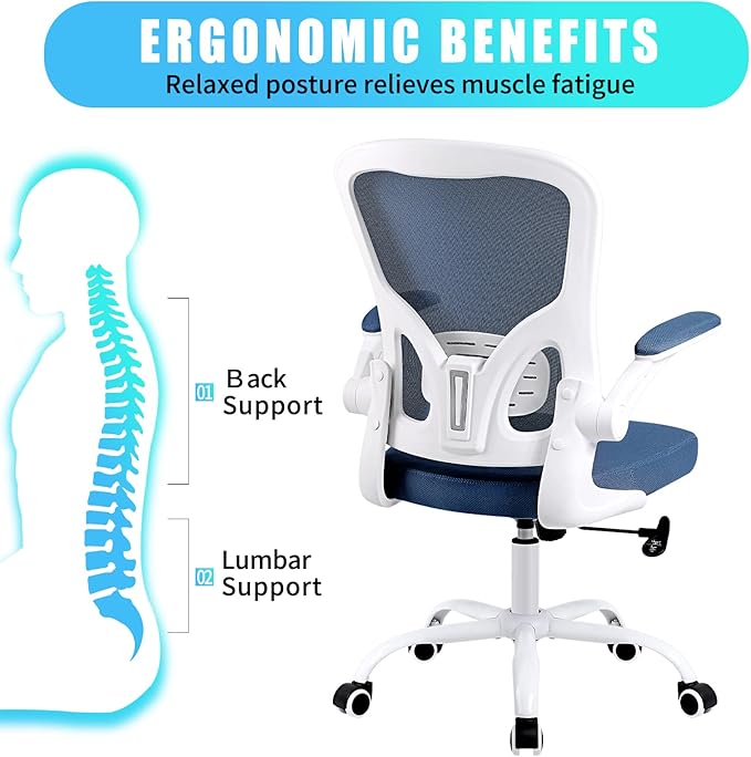 Ergonomic Office Desk Chair Breathable Mesh Swivel Computer Chair, Lumbar Back Support Task Chair, Office Chairs with Wheels and Flip-up Arms, Adjustable Height(White & Blue) - LeafyLoom