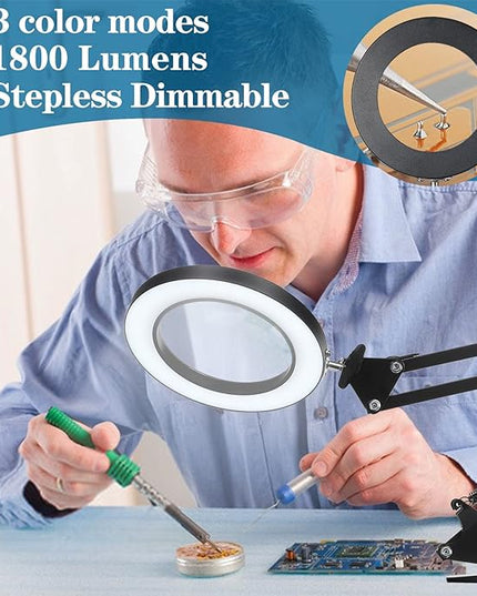 HITTI 5X Magnifying Glass with Light with Clamp, 3 Color Modes Stepless Dimmable Magnifying Lamp, 72 LEDs Real Glass Lens Magnifier with Light and Stand for Close Work Craft Hobby Reading Workbench - LeafyLoom