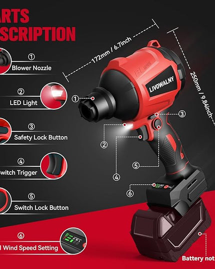 Cordless Dust Blower for Milwaukee m18 Battery, LIVOWALNY Leaf Blower Brushless Handheld Air Blower Sawdust Blower 447 MPH/39 CFM for Sawmill Room, Workshop Cleaning, Home Improvement (No Battery) - LeafyLoom