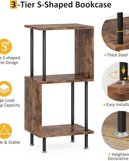 3 Tier Modern Bookshelf, S-Shaped Bookcase,Small Book Shelf for Small Spaces, Unique Bookshelf for Storage Organizer Living Room Bedroom Home Office - LeafyLoom
