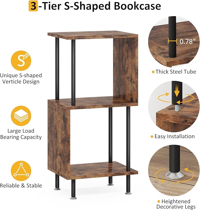 3 Tier Modern Bookshelf, S-Shaped Bookcase,Small Book Shelf for Small Spaces, Unique Bookshelf for Storage Organizer Living Room Bedroom Home Office - LeafyLoom
