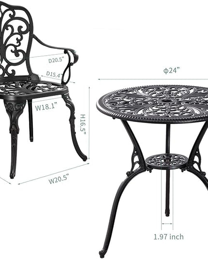 Bistro Table and Chairs Set of 2 Outdoor 3 Piece Bistro Sets Cast Aluminum Patio Bistro Set with Umbrella Hole, Patio Set for Garden, Black - LeafyLoom