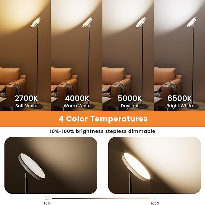 Bright Floor Lamp,42W 3700LM LED Torchiere Floor Lamps for Living Room, 71in. Modern Tall Standing Lamp with Remote,Color & Brightness Dimmable Sky Light,1/2/3H Timer for Bedroom,Office-Black - LeafyLoom