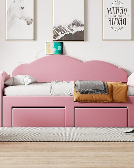 Twin Size Velvet Upholstered Daybed with Cloud-Shaped Backrest and Trundle,Wooden Storage Bed Frame W/Drawers & USB Ports,Convert to King-Size Bed,for Living Room Apartment,Pink - LeafyLoom