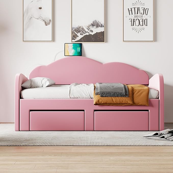 Twin Size Velvet Upholstered Daybed with Cloud-Shaped Backrest and Trundle,Wooden Storage Bed Frame W/Drawers & USB Ports,Convert to King-Size Bed,for Living Room Apartment,Pink - LeafyLoom