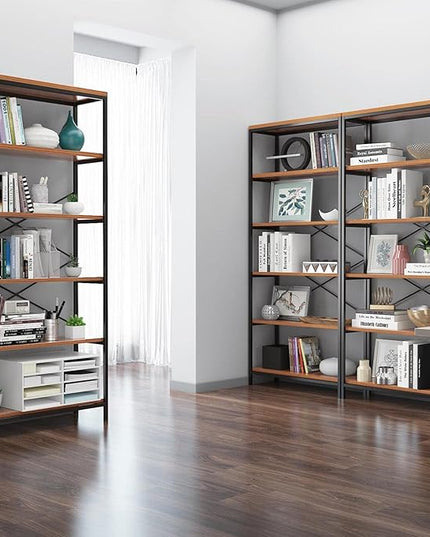 Himimi 6-Tier Bookshelf,Tall Bookcase Industrial Wood Storage Rack with Open Book Shelves,Modern Metal Standing Organizer,Vintage Deep Display Rack for Living Room, Office, Bedroom, Rustic Brown - LeafyLoom