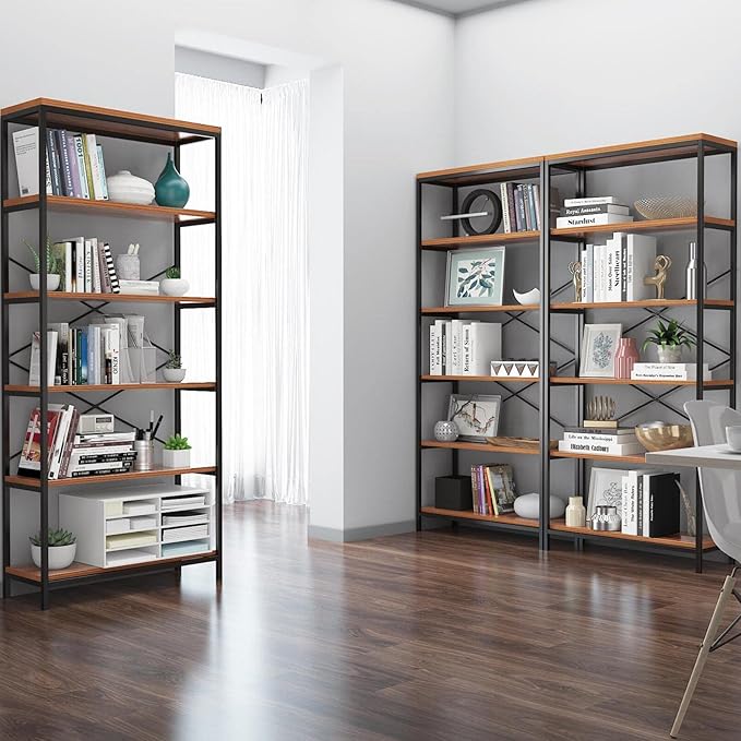 Himimi 6-Tier Bookshelf,Tall Bookcase Industrial Wood Storage Rack with Open Book Shelves,Modern Metal Standing Organizer,Vintage Deep Display Rack for Living Room, Office, Bedroom, Rustic Brown - LeafyLoom