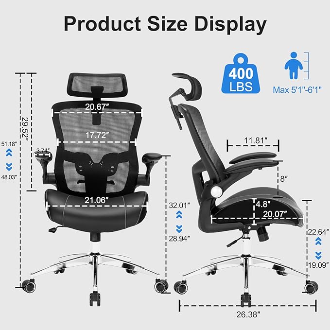 Big and Tall Office Chair, 400lbs Heavy Duty Ergonomic Desk Chair with Soft 3D Modeling Foam Cushion Home Office Desk Chairs with Adjustable Headrest Seat Height Executive Computer Task Chair - LeafyLoom