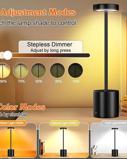 LED Table Lamp Eye-Caring Battery Operated Desk Lamps Bedside Reading 3-Colors Wireless Dimmable Night Light for Bedroom Living Room Home Office Up to 72h Cordless Lighting - LeafyLoom