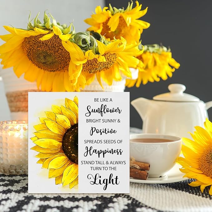 Creoate Sunflower Desk Decor, Inspirational Wood Block Sign Desk Decorations for Home Girls Room Dorm Office Desk Shelf Table Decor - Be Like a Sunflower Bright Sunny and Positive Uplifting Positive - LeafyLoom