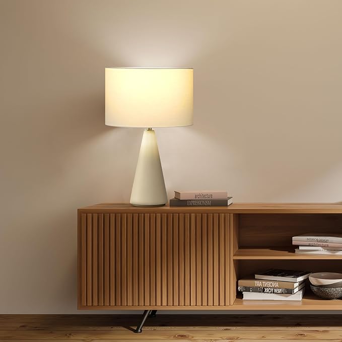 Brightech Nathaniel LED Table Lamp - Modern White Cement Tower Table Lamp for Bedside, Nightstand, Desk - Cozy Soft White Light for Living Room, Bedroom - LeafyLoom