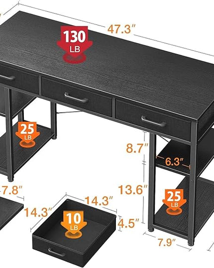 ODK Office Small Computer Desk: Home Table with Fabric Drawers & Storage Shelves, Modern Writing Desk, Black, 48"x16" - LeafyLoom