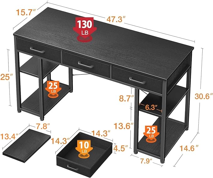 ODK Office Small Computer Desk: Home Table with Fabric Drawers & Storage Shelves, Modern Writing Desk, Black, 48"x16" - LeafyLoom