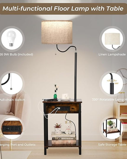 FIMEI Floor Lamp with Table, End Table with Charging Station USB Ports & Outlets, Bedside Table 3 Color Temperature Reading Light, Nightstand with Shelves for Living Room, Bedroom, Apartment - LeafyLoom