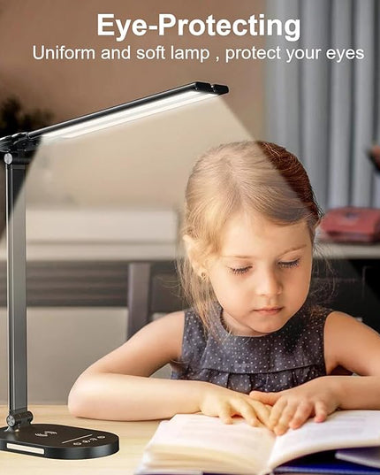 LED Desk Lamps for Home Office, Double Head Touch Desk Lamp with Wireless Charger, Dimmable Desk Light with USB Charging Port, Adjustable Reading Lamp, Eye-Caring Table Lamp with Night Light, 1H Timer - LeafyLoom