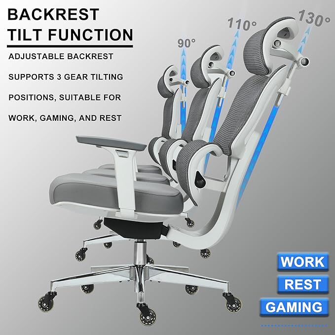 C19 Ergonomic Mesh Office Chair with Adjustable Height Lumbar Support，3D Armrest & Headrest，Tilt Function，Blade Wheel for High Back Desk Chair，Swivel Big and Tall Computer Chair (White) - LeafyLoom