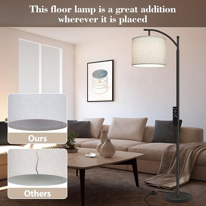 PESRAE Arc Floor Lamp with Remote Control, 9W/1000LM Stepless 3000K-6000K LED Bulb Included, Standing Lamp with Tall lamp with Adjustable Linen Lampshade for Bedroom,Living Room - LeafyLoom