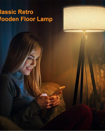 LEPOWER Wood Floor Lamp Tripod, Modern Design Mid Century Standing Lamps for Living Room,Bedroom and Office, Flaxen Lamp Shade with E26 Lamp Base Black - LeafyLoom