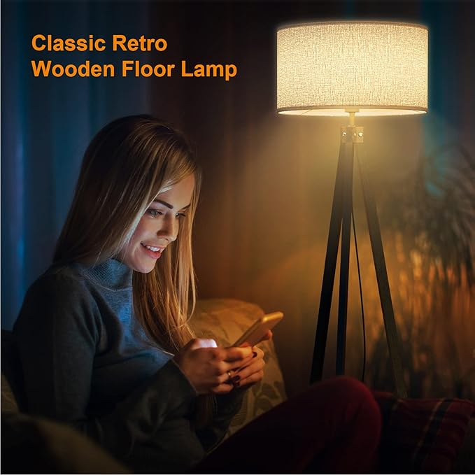 LEPOWER Wood Floor Lamp Tripod, Modern Design Mid Century Standing Lamps for Living Room,Bedroom and Office, Flaxen Lamp Shade with E26 Lamp Base Black - LeafyLoom