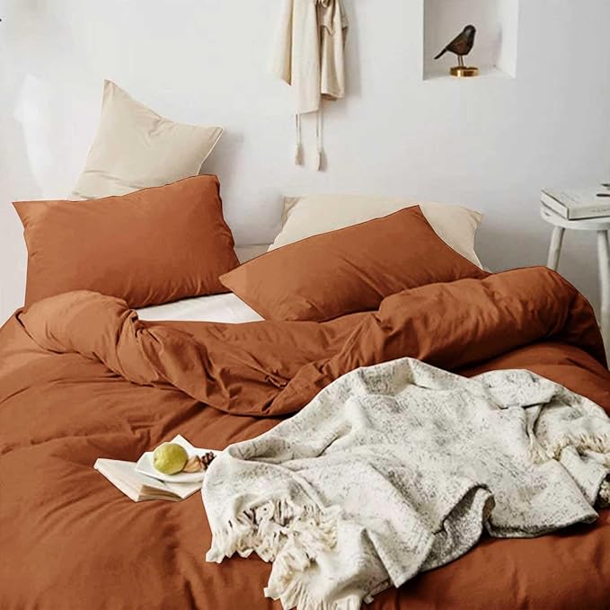 Burnt Orange Queen Comforter Set - 3 Piece Aesthetic Modern Terracotta Bedding Set - All Season Soft & Lightweight Microfiber Down Alternative Comforter Bed Set with 2 Pillow Shams for Women Men - LeafyLoom