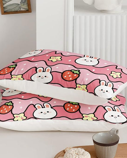 Kawaii Rabbit Comforter,Strawberry Rabbit Comforter Set for Kids Teens Girls,3Pcs Bedding Set Printed Comforter with 2 Pillowcases,Down Alternative,Soft and Lightweight(Pink，Full Size) - LeafyLoom