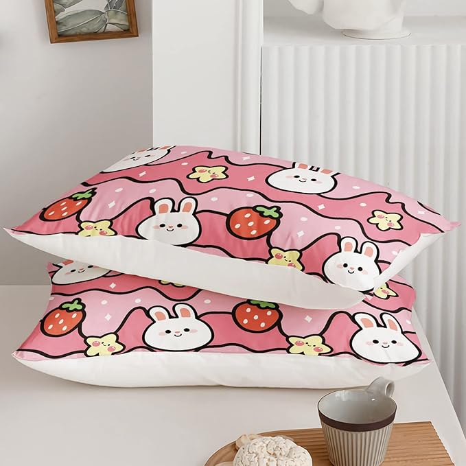 Kawaii Rabbit Comforter,Strawberry Rabbit Comforter Set for Kids Teens Girls,3Pcs Bedding Set Printed Comforter with 2 Pillowcases,Down Alternative,Soft and Lightweight(Pink，Full Size) - LeafyLoom