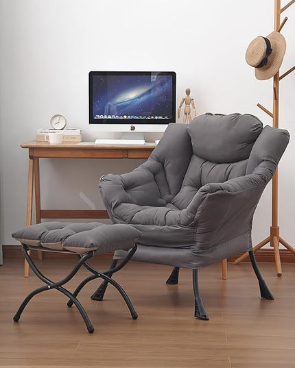 Lazy Chair and Ottoman, Large Accent Lounge Chair with Armrests and a Side Pocket, Modern Leisure Upholstered Sofa Reading Armchair with Footrest for Bedroom, Living Room, Dorm Rooms, Office - LeafyLoom
