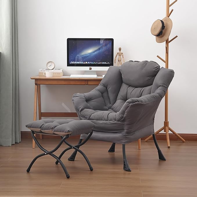 Lazy Chair and Ottoman, Large Accent Lounge Chair with Armrests and a Side Pocket, Modern Leisure Upholstered Sofa Reading Armchair with Footrest for Bedroom, Living Room, Dorm Rooms, Office - LeafyLoom