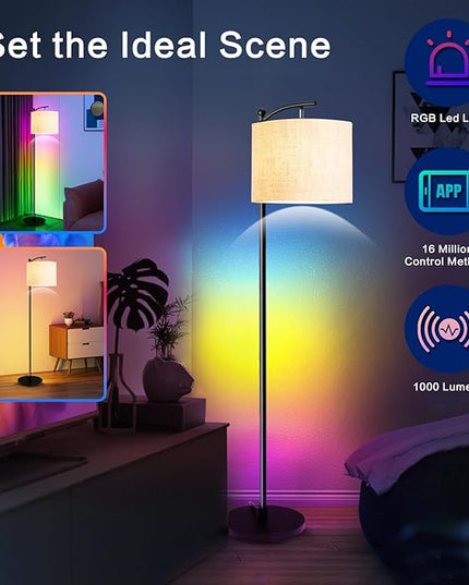 Led Floor Lamps for Living Room: Tall Standing Lamp for Bedroom - Dimmable Smart APP Control - RGB Corner Light with Modern Lampshade - LeafyLoom