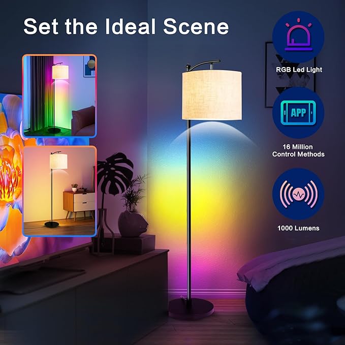 Led Floor Lamps for Living Room: Tall Standing Lamp for Bedroom - Dimmable Smart APP Control - RGB Corner Light with Modern Lampshade - LeafyLoom