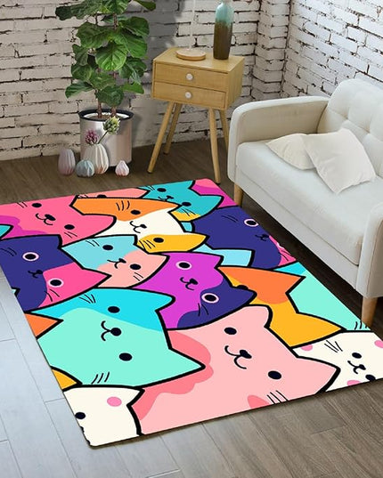 Cat Rug for Girls Bedroom - Cat Area Rug Cartoon Cat Rug Carpet for Kids Room Cute Cat Rugs Room Decor Colorful Anime Rug with Cat Printed, 2x3 Feet - LeafyLoom