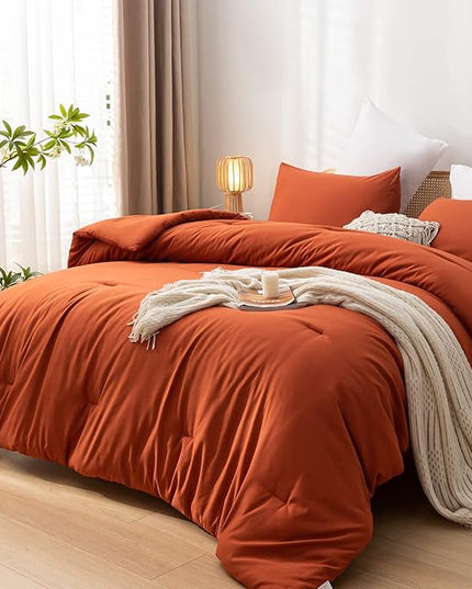 Terracotta Queen Comforter Solid Color 3PCS Boho Bed Comforter Set Queen Size Soft Lightweight Down Alternative Microfiber Comforter for All Season (1 Comforter, 2 Pillowcases) - LeafyLoom