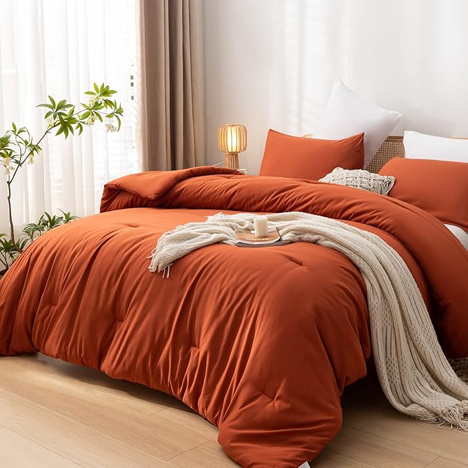 Terracotta Queen Comforter Solid Color 3PCS Boho Bed Comforter Set Queen Size Soft Lightweight Down Alternative Microfiber Comforter for All Season (1 Comforter, 2 Pillowcases) - LeafyLoom