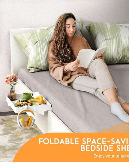 SPACELEAD Bedside Shelf for Bed & Top Bunk- College Dorm Room Essentials, Loft Bed Accessories, Clip On Nightstand Snack Organizer, Floating Bed Side Table Tray(White，Plastic) - LeafyLoom