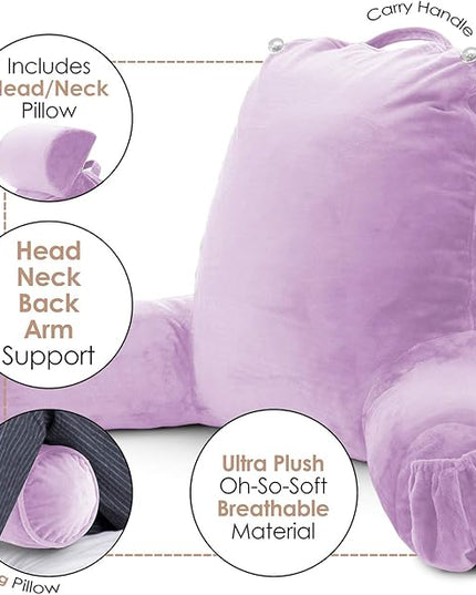 Clara Clark Reading Pillow, Large Back Pillow for Sitting Up in Bed, Memory Foam Back Support Pillow, Reading Pillows for Sitting in Bed Adult, Lavender Sit Up Pillow for Bed with Arms and Pockets - LeafyLoom