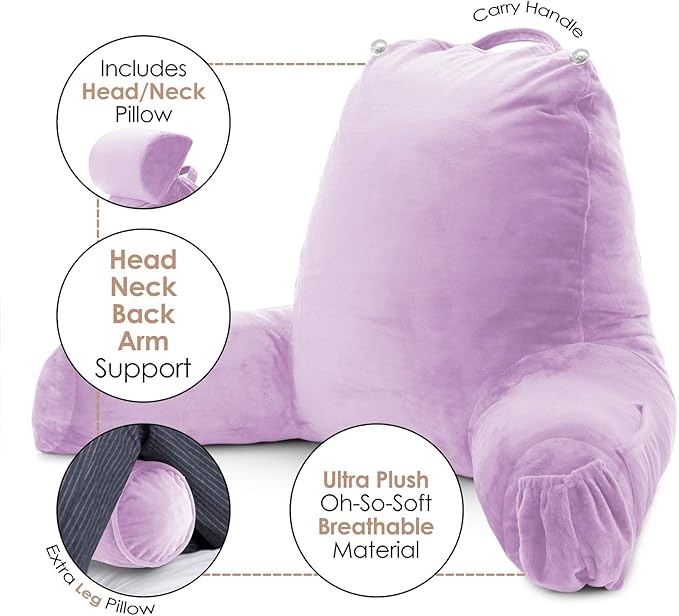 Clara Clark Reading Pillow, Large Back Pillow for Sitting Up in Bed, Memory Foam Back Support Pillow, Reading Pillows for Sitting in Bed Adult, Lavender Sit Up Pillow for Bed with Arms and Pockets - LeafyLoom