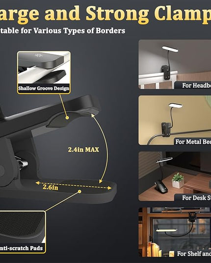 Clip on Desk Lamp, Battery Powered Reading Light with Strong Clamp - 5 Colors 5 Brightness, USB Rechargeable Portable Cordless Book Lamp for Bed Headboard Table Bedside Home Office (Black) - LeafyLoom
