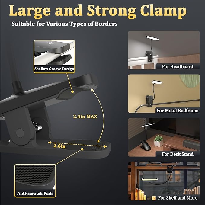 Clip on Desk Lamp, Battery Powered Reading Light with Strong Clamp - 5 Colors 5 Brightness, USB Rechargeable Portable Cordless Book Lamp for Bed Headboard Table Bedside Home Office (Black) - LeafyLoom