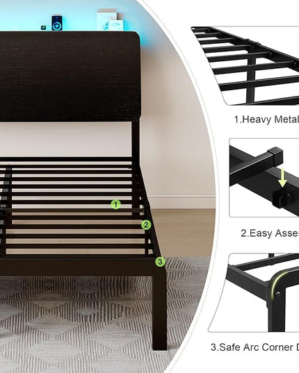 Feonase Queen Size Bed Frame with Ergonomic Storage Headboard & Charging Station, LED Platform Bed Frame, Heavy Duty Metal Slats, No Box Spring Needed, Easy Assembly, Black - LeafyLoom