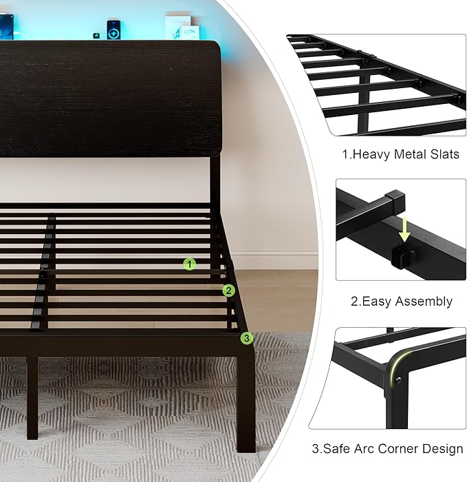 Feonase Queen Size Bed Frame with Ergonomic Storage Headboard & Charging Station, LED Platform Bed Frame, Heavy Duty Metal Slats, No Box Spring Needed, Easy Assembly, Black - LeafyLoom
