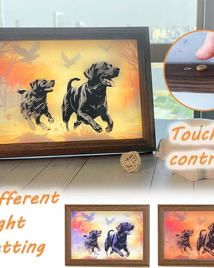 Bleetzwoods Upgraded Lighting Shadow Art Painting Decoration, Touch Control Color Change Light with Walnut Wood Photo Frame and USB Charging, Excellent Glowing Memoriable Present. (Black Labrador) - LeafyLoom