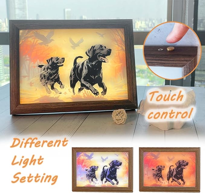 Bleetzwoods Upgraded Lighting Shadow Art Painting Decoration, Touch Control Color Change Light with Walnut Wood Photo Frame and USB Charging, Excellent Glowing Memoriable Present. (Black Labrador) - LeafyLoom