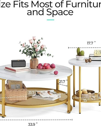 LINSY Home Round Coffee Table Set of 3 for Living Room, Modern Coffee Table with Open Storage, Wood Surface Top & Sturdy Metal Legs Large Circle Coffee Table, White and Gold - LeafyLoom