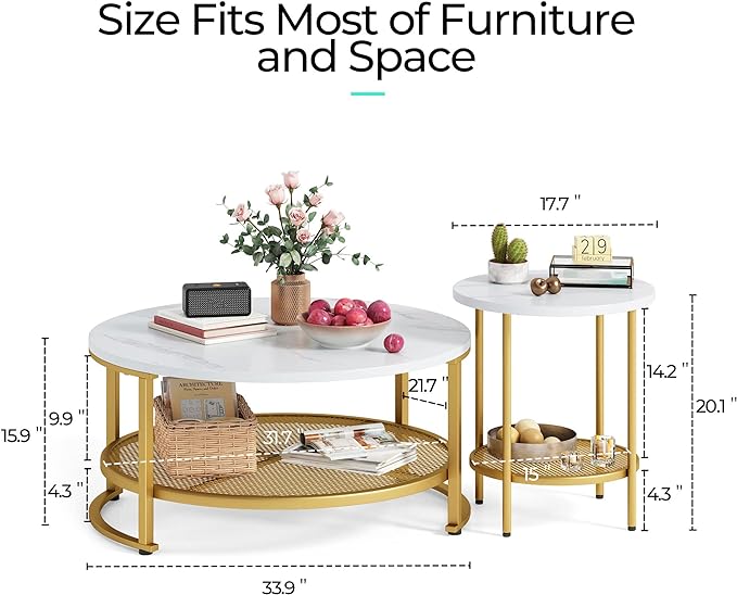 LINSY Home Round Coffee Table Set of 3 for Living Room, Modern Coffee Table with Open Storage, Wood Surface Top & Sturdy Metal Legs Large Circle Coffee Table, White and Gold - LeafyLoom